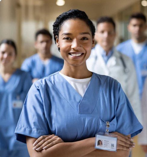 Diverse medical staff in a hospital corridor